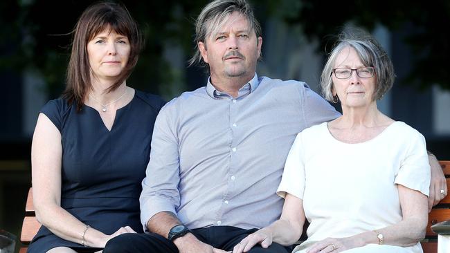 The family of chemo bungle victim Bronte Higham — children Jodi and Kym and his wife Ricki before entering the Coroners Court on Tuesday. Picture: Calum Robertson