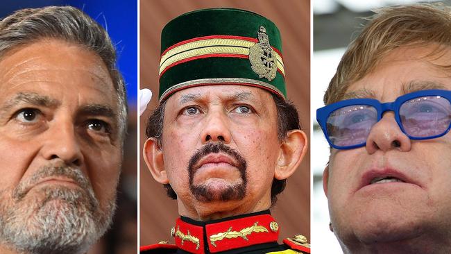 US actor and filmmaker George Clooney (left), centre Brunei Hassanal Bolkiah (centre)  Elton John (right). Picture: Valerie Macon and Karen Bleier/AFP)