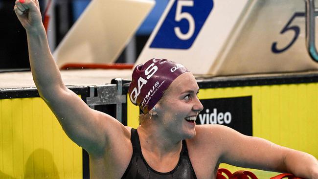 Titmus reacts after her new world record in the women's 400 metre freestyle final on day five of the 2022 Australian Swimming Championships in Adelaide.