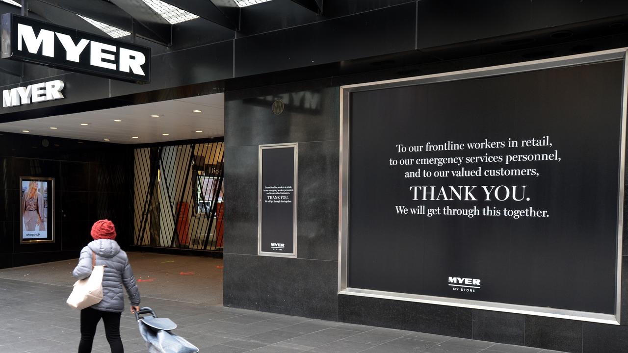 A pedestrian walks past a closed Myer department store in the Bourke Street Mal during one of Melbourne’s many lockdowns. Picture: NCA NewsWire / Andrew Henshaw