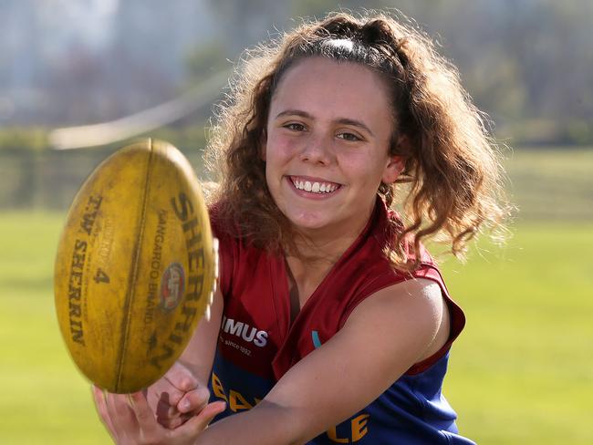 Ava Jordan is a 14yo junior footy star. She's won the league best and fairest two years in a row and playing for the vic girls under15 team even though she was thirteen a couple of months ago. July 4th, Bundoora, Melbourne.Picture : George Salpigtidis