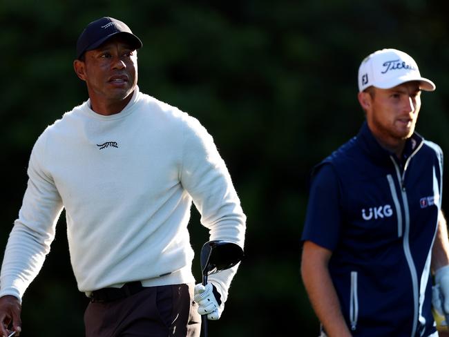 AUGUSTA, GEORGIA - APRIL 08: Tiger Woods of the United States and Will Zalatoris of the United States look on during a practice round prior to the 2024 Masters Tournament at Augusta National Golf Club on April 08, 2024 in Augusta, Georgia. (Photo by Maddie Meyer/Getty Images)