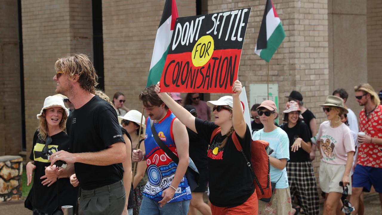 Hundreds of Territorians demonstrated on Invasion Day 2024 by marching from Civic Park through Darwin city on Friday, January 26. Picture: Zizi Averill