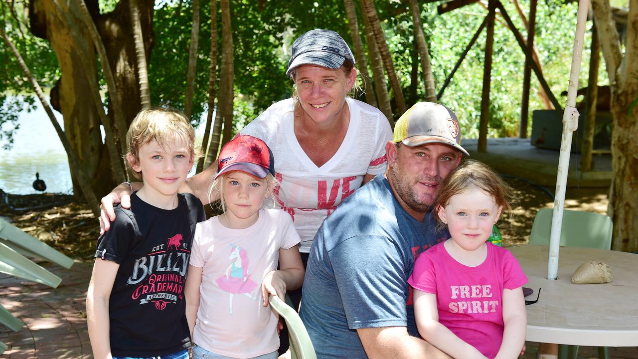 Fiona and Justin Butler with their children Ryhen, 7, Makenzee, 5, and Dakodah, 3, from Charters Towers pictured at Billabong Sanctuary. Picture: Shae Beplate.