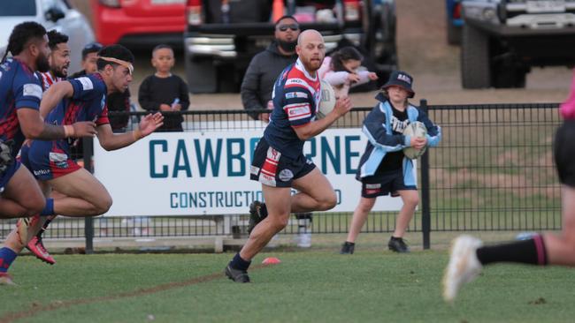 Rams skipper Brad Speechley in full flight against Collies earlier in the year – Oakdale couldn’t catch him either. Picture Steve Montgomery