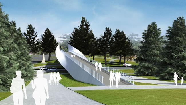 An artist’s impression of a bridge between the Cenotaph and the Aquatic Centre.