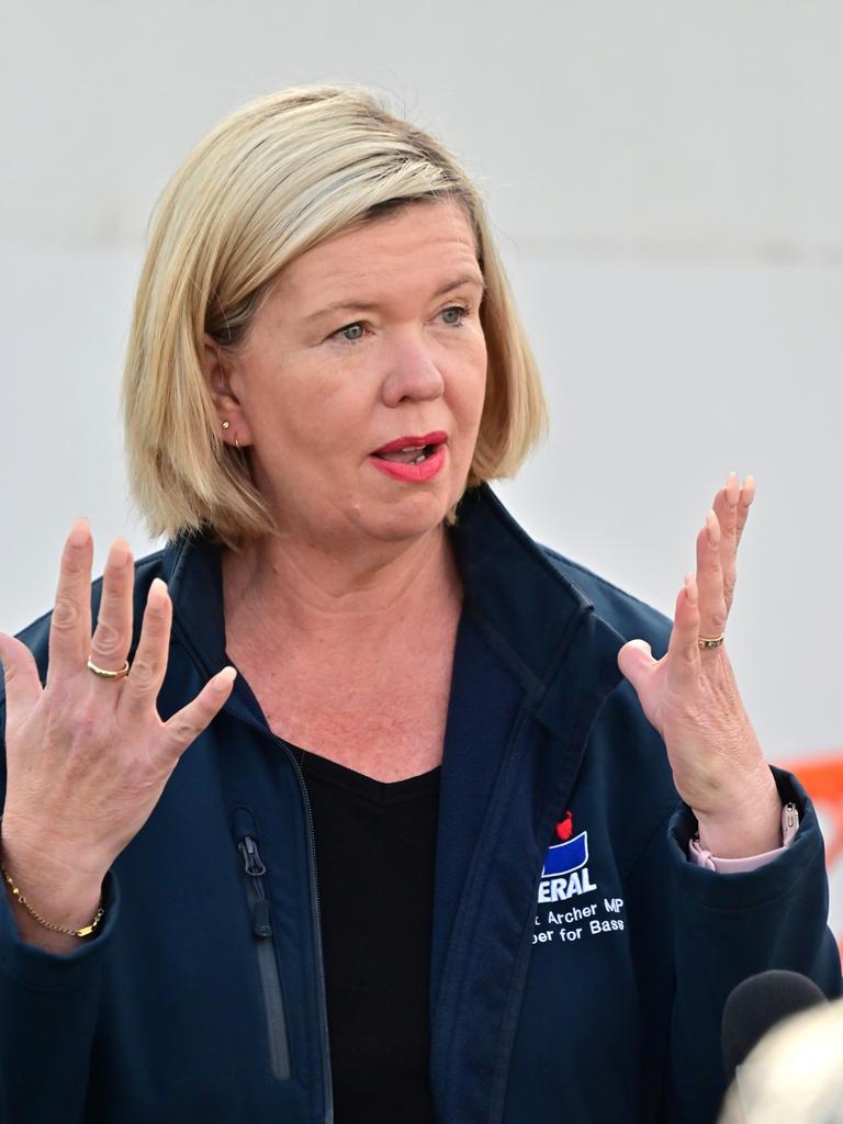 Bridget Archer, Liberal MP for the Northern Tasmanian seat of Bass speaks to the media after voting at the Kings Meadows YMCA in Launceston on election day. Picture: NewsWire/ Scott Gelston