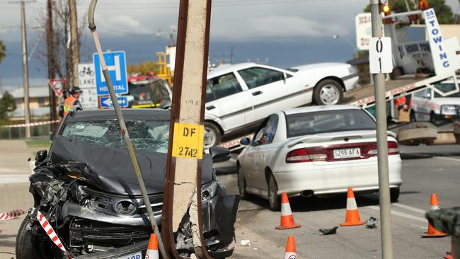 The car which Aaron Sumner Wilson crashed on the corner of Swanport Rd and Monash St, Murray Bridge. Picture: Tait Schmaal.