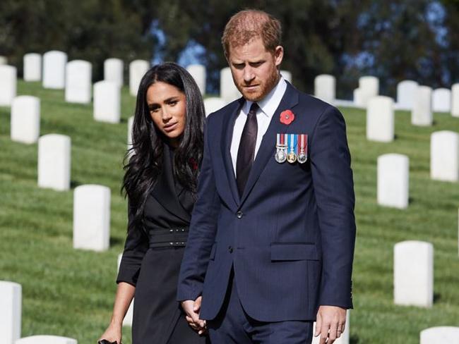 Prince Harry and Meghan have marked #RemembranceSunday by visiting the Los Angeles National Cemetery today. Picture: Lee Morgan/ Twitter