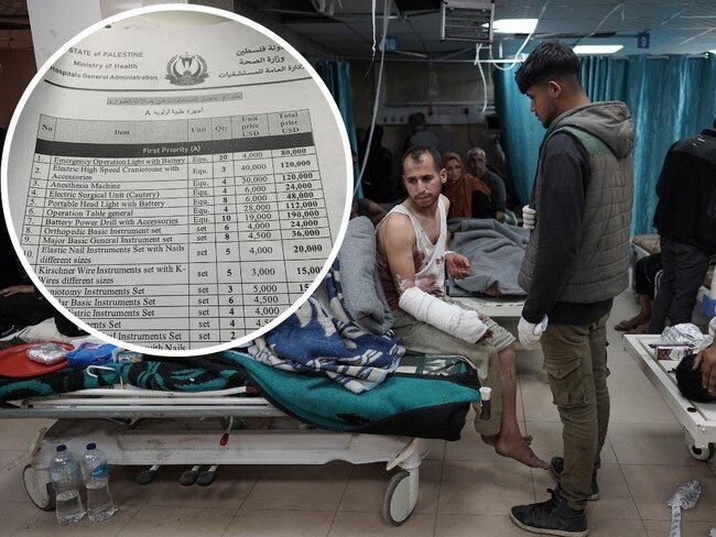 Injured Palestinians at a Gaza hospital, inset: the wishlist found at Melbourne's Royal Children's Hospital.