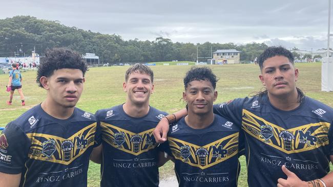 Tyson McDonald, Bailey Downs, Tipene Cooley and Motootua Kia of Mabel Park's Langer Reserves side after their semifinal win. Picture: Mitch Bourke.