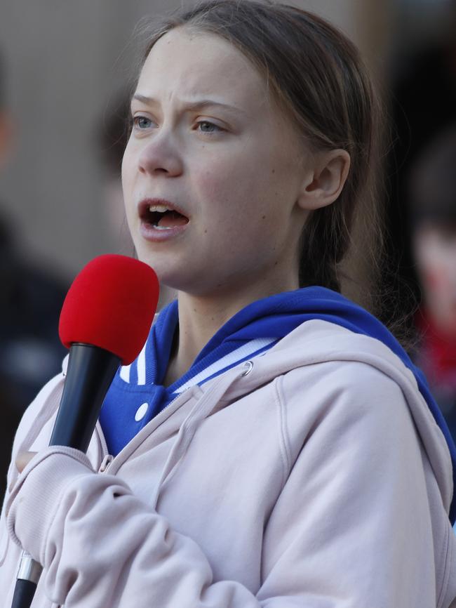 Swedish climate activist Greta Thunberg speaks at a climate strike rally in Denver, USA. Picture: AP