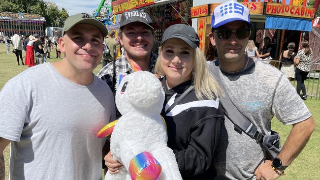 Mates Justin Michallef, Ben Smith, Lauren Yarrow with her Unicorn and Marcello Virgona at Moomba.