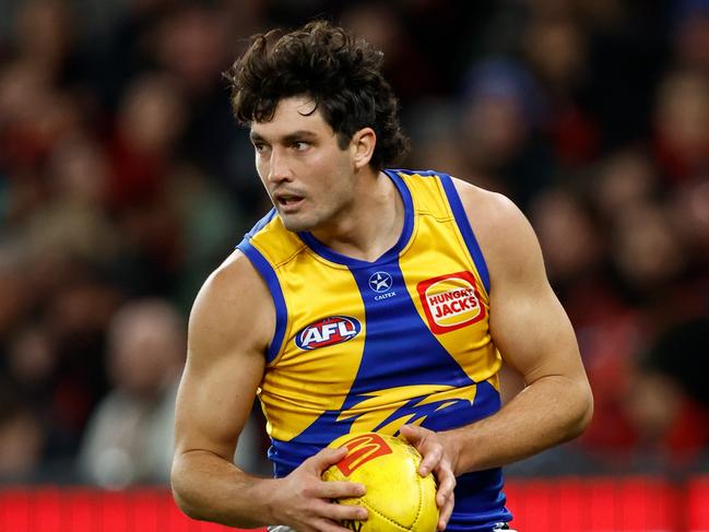 MELBOURNE, AUSTRALIA - JUNE 23: Tom Barrass of the Eagles in action during the 2024 AFL Round 15 match between the Essendon Bombers and the West Coast Eagles at Marvel Stadium on June 23, 2024 in Melbourne, Australia. (Photo by Michael Willson/AFL Photos via Getty Images)