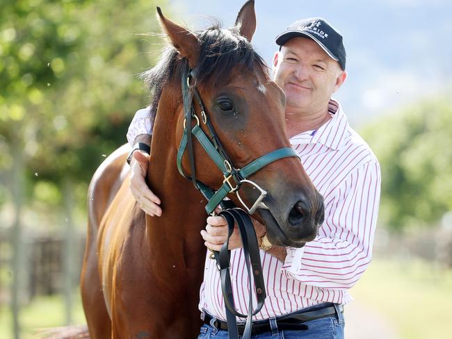 David Hayes with Black Caviar's daughter at Lindsay Park this week. Picture: Michael Klein