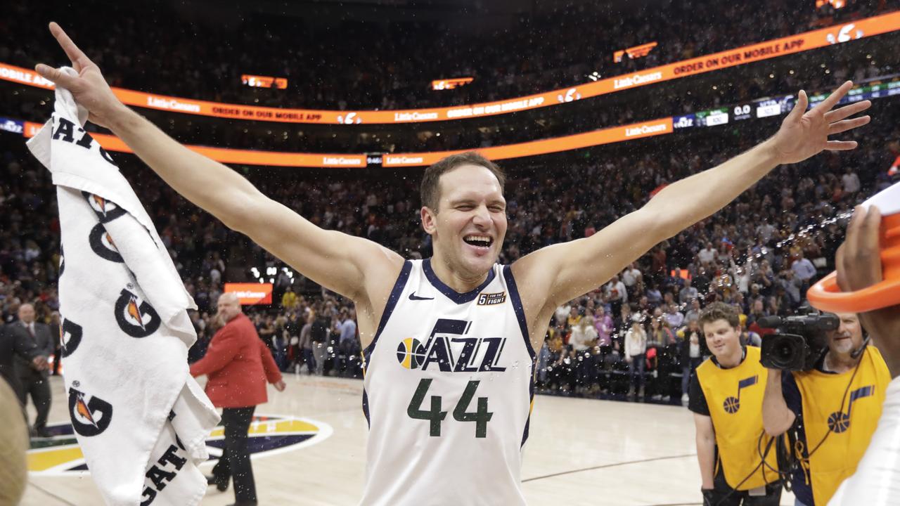 Utah Jazz forward Bojan Bogdanovic (44) celebrates.