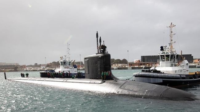 The Virginia-class fast-attack submarine USS Hawaii prepares to moor at HMAS Stirling in Western Australia. Picture: US Navy