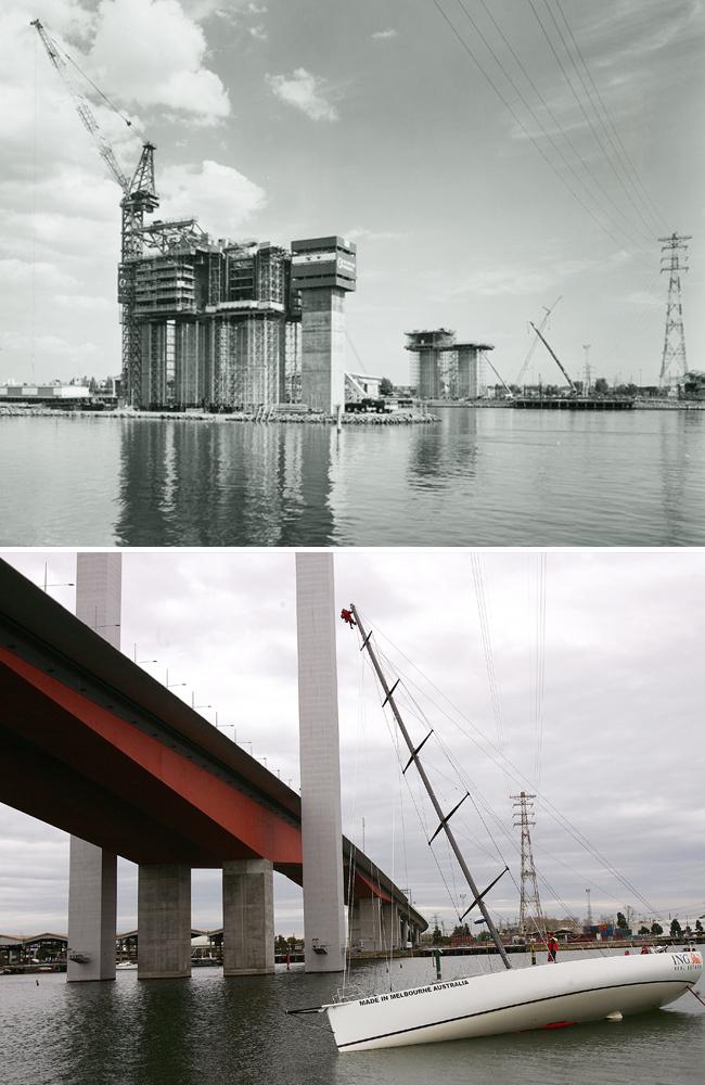 Bases are constructed for the Bolte Bridge in 2001, and a yacht navigates under the bridge after completion. Pictures: State Library of Victoria, Herald Sun archive