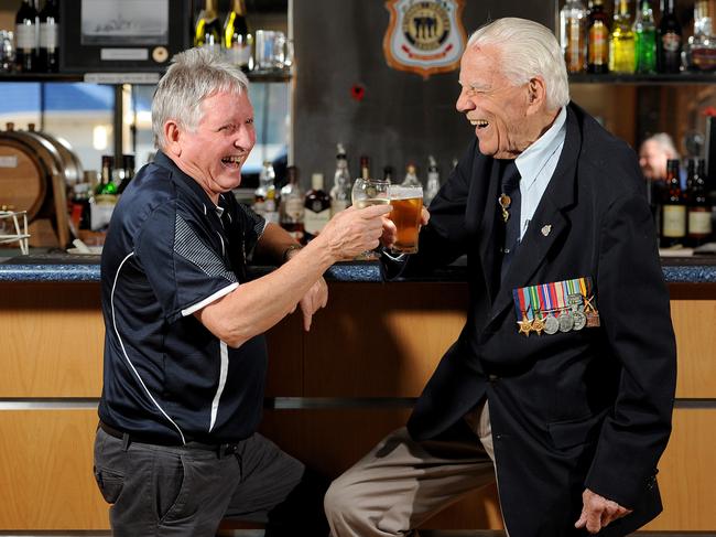 15/4/15. A new book by Kel Richards explores the evolution of Australian English, including how many terms and phrases that came out of the WWI era such as "blotto" for getting drunk. WW2 Veteran George White and Vietnam Veteran Tich Tyson enjoying a drink and a laugh together at the Plympton-Glenelg RSL. Pic Keryn Stevens