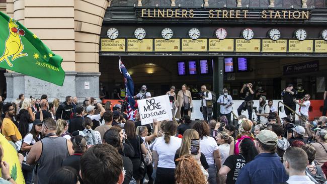 Anti-lockdown protesters gather at Flinders Street Station, Melbourne, following the announcement of the lockdown in February, 2021. Picture: Diego Fedele/Getty Images.