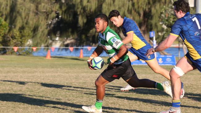 Gold Coast District Rugby Union (GCDRU) First Grade clash between Gold Coast Eagles (Blue/Gold) and Palm Beach Currumbin Alleygators (Green) at James Overell Park, Southport. Rodney Pita. Pic Mike Batterham