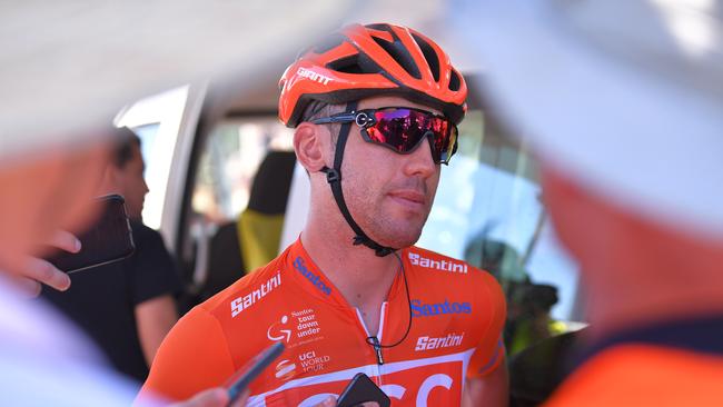 New Zealand’s Patrick Bevin from CCC Team Orange talks before Stage 6 in Willunga Hill. Picture: Tim de Waele/Getty