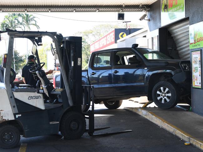 A Volkswagen Amarok was ram-raided into the Howard Springs Thirsty Camel on Monday morning, lodging itself on a bollard. Picture: Katrina Bridgeford