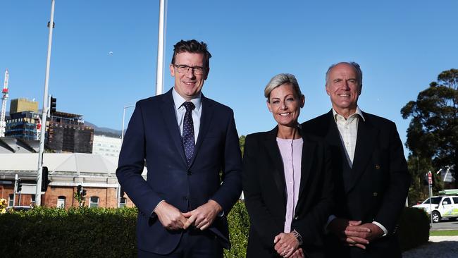 Minister for Cities Alan Tudge (left), Attorney General Elise Archer and Tasmanian Senator Eric Abetz. Picture: NIKKI DAVIS-JONES