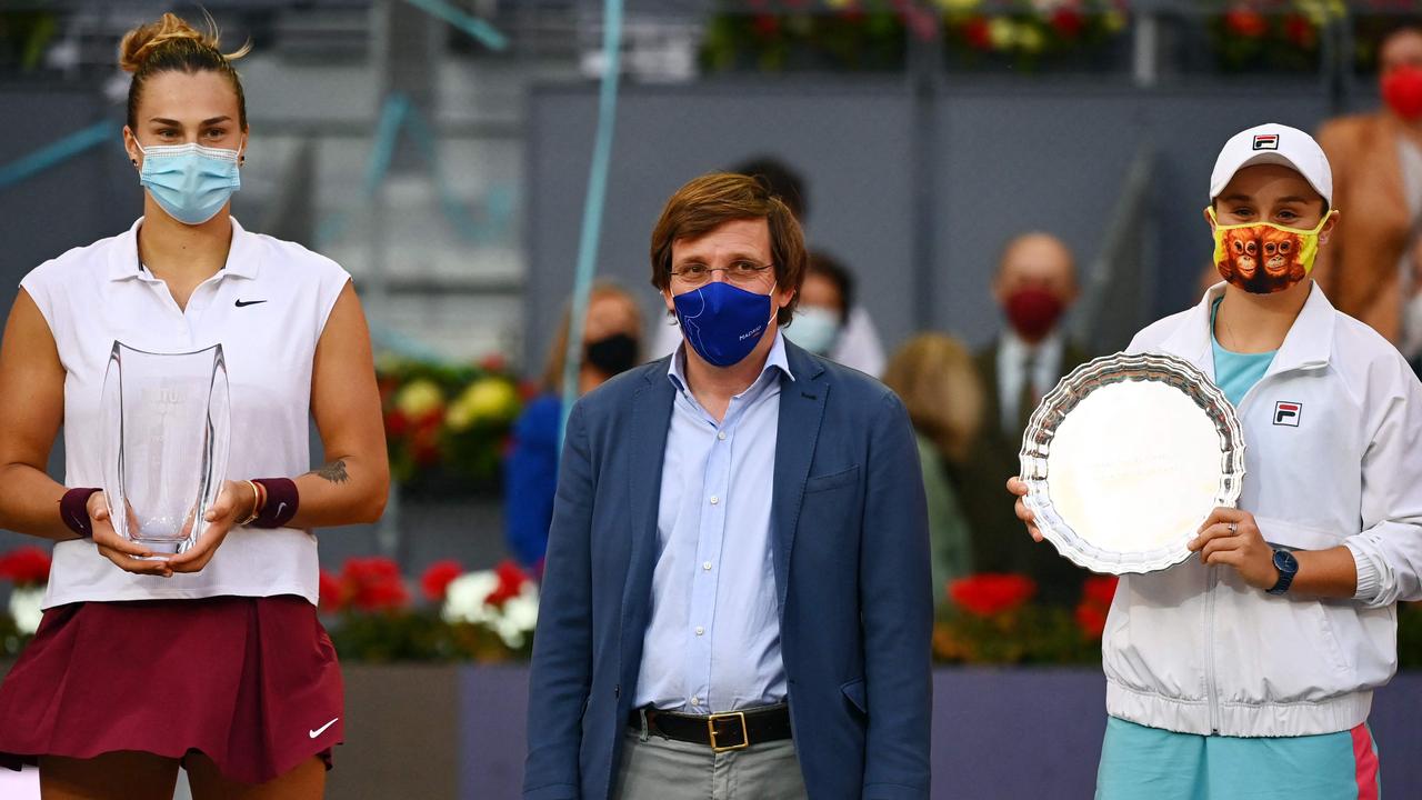 Belarusian Aryna Sabalenka, pictured left after beating Ash Barty in the Madrid Open final, is a leading Australian Open title contender. Picture: AFP