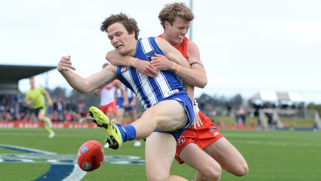 Jared Polec is tackled high by Sydney's Nick Blakey. Picture; Getty Images