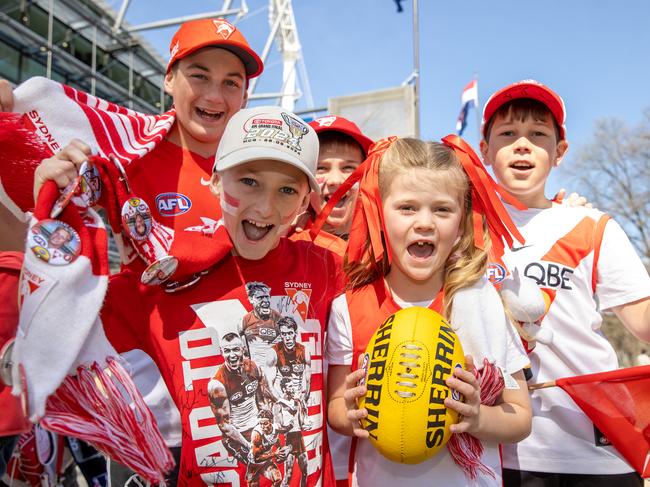 MELBOURNE , AUSTRALIA. September 28, 2024. AFL Grand Final between Sydeny Swans and the Brisbane Lions at the MCG. Sydney fans  Mitchell, 14, Xavier, 10, Ryan, 11, Alex, 10, Elyse , 6. Picture: Jason Edwards