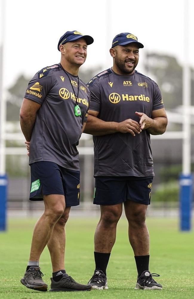 Nathan Brown and Sam Moa watch over pre-season training. Photo: Parramatta Eels