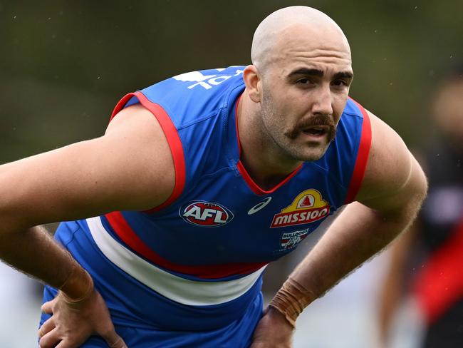 MELBOURNE, AUSTRALIA - FEBRUARY 15: Brayden Crossley of the Bulldogs looks on during the 2025 AFL Pre-Season match between Western Bulldogs and Essendon Bombers at Whitten Oval on February 15, 2025 in Melbourne, Australia. (Photo by Quinn Rooney/Getty Images)