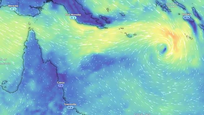 A Zoom Earth graphic showing the Tropical Low 05U system in the Coral Sea.