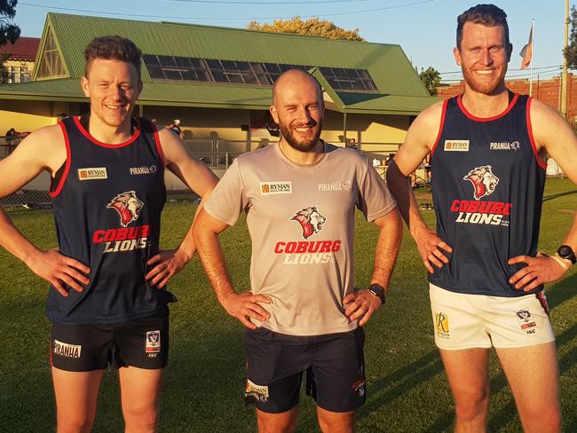 Coburg coach Andrew Sturgess (centre) with co-captains Ryan Exon and Peter McEvoy.