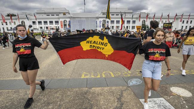 A large crowd opposite Old Parliament House at the Tent Embassy in Canberra to celebrate the 50th anniversary of the Tent Embassy on Australia Day. Picture: NCA NewsWire/Gary Ramage