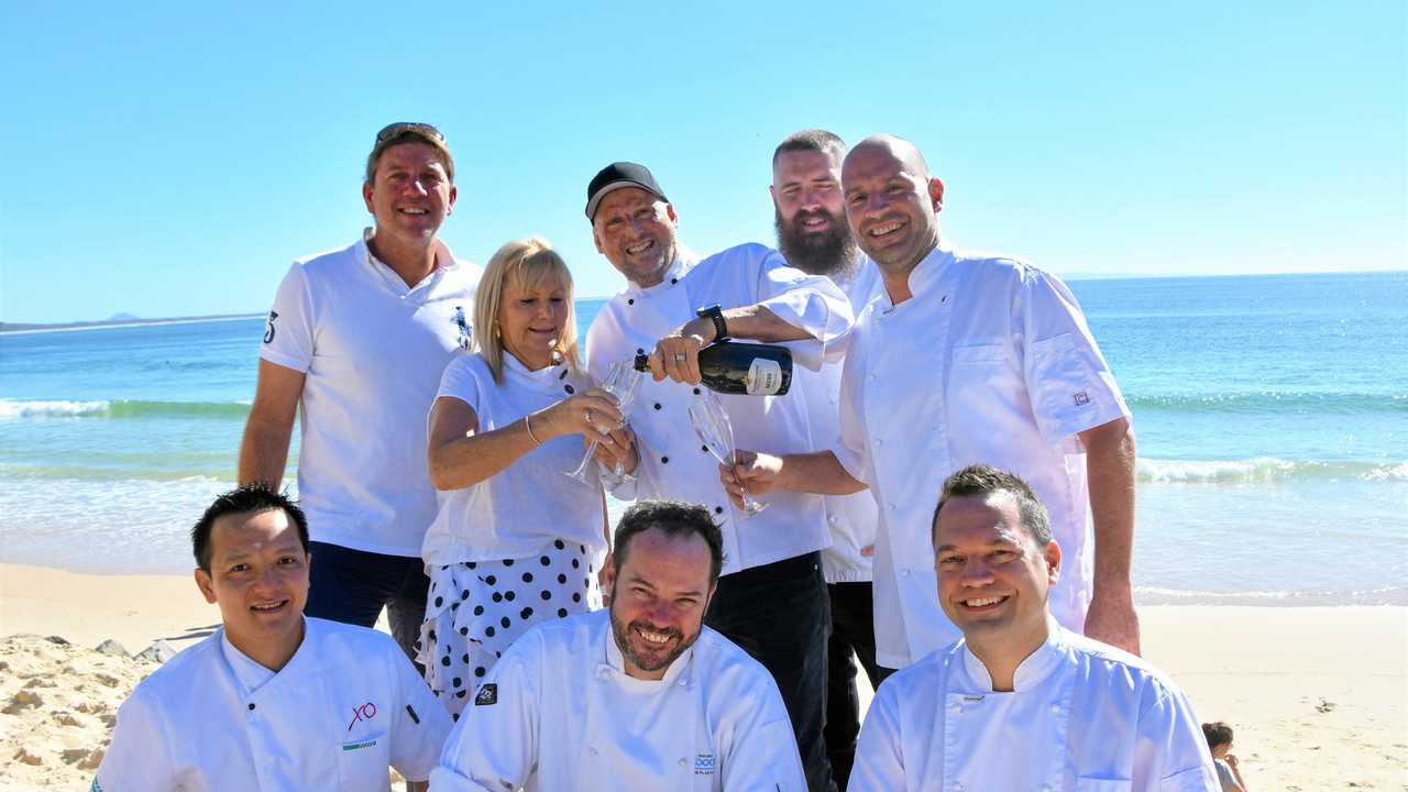 DINE IN WHITE: (Front left) Jame Wu, Shane Bailey, Ollie Carruthers, (back left) Phil Bradford, Susie O'Neil, Matt Golinski, Andrew Wilcox and Mitch Kmiecik . Picture: Caitlin Zerafa