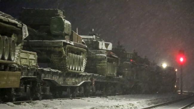 Russian tanks leave for Russia after joint exercises of the armed forces of Russia and Belarus as part of an inspection of the Union State's Response Force, at a firing range near Brest. Picture: AFP