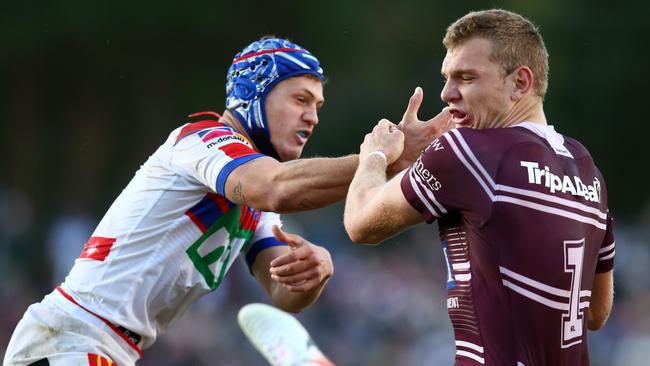 Manly fullback Tom Trbojevic takes on Newcastle rival Kalyn Ponga. Picture: Getty Images