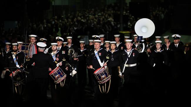 Servicemen perform during the Anzac dawn service at the Martin Place Cenotaph. Picture: Mark Evans/Getty Images