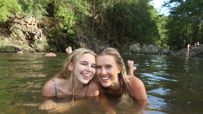 .Pictured cooling off in the Currumbin Rock Pools are Emerson Lees and Kate Harvey. Picture: Mike Batterham