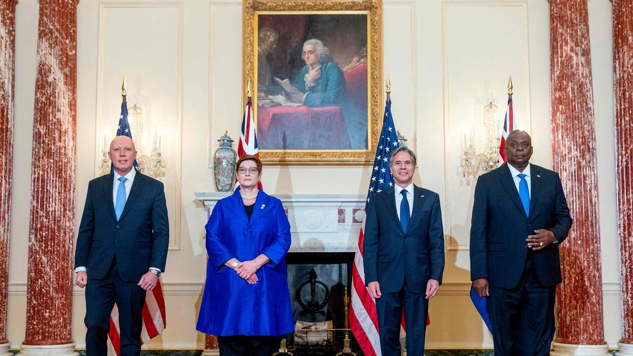 Australian Defence Minister Peter Dutton, Foreign Minister Marise Payne, US Secretary of State Antony Blinken and Defence Secretary Lloyd Austin. Picture: AFP.