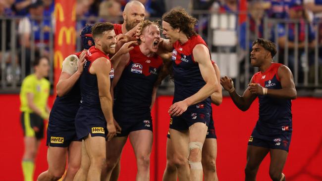 Clayton Oliver celebrates his goal in the 2021 grand final. Picture: Getty Images