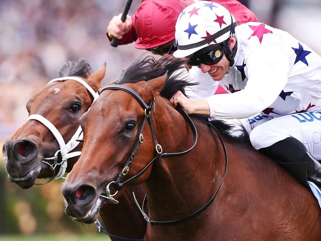 Sunlight, ridden by Luke Currie, takes out the Coolmore Stud Stakes.