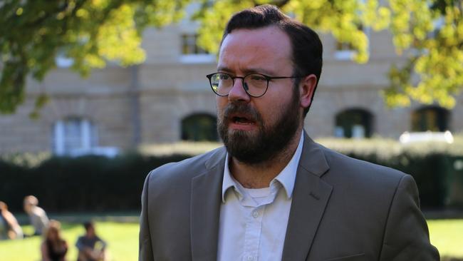 ALA spokesman and Tasmanian barrister Fabiano Cangelosi speaks to the media during a press conference in Hobart on April 7, 2021.