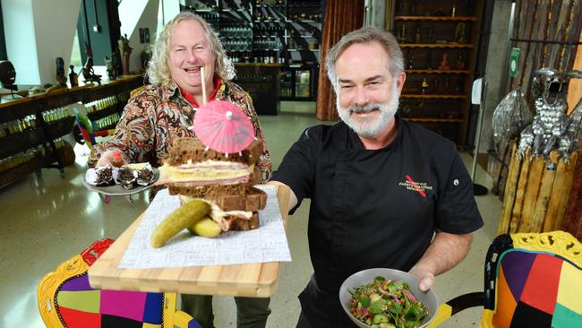 d’Arenberg chief winemaker Chester Osborn and head chef Peter Reschke with food from the casual menu at Eat@Polly's at level three of the d'Arenburg Cube, McLaren Vale. Picture: Mark Brake