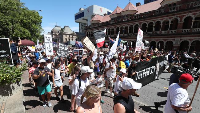 The Freedom Rally in the Brisbane CBD on Saturday. Picture: Annette Dew