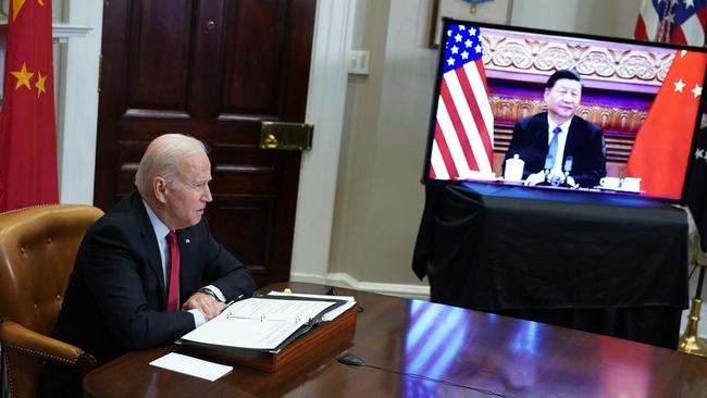 US President Joe Biden meets with China's President Xi Jinping during a virtual summit from the Roosevelt Room of the White House on November 15. Picture: Mandel Ngan / AFP