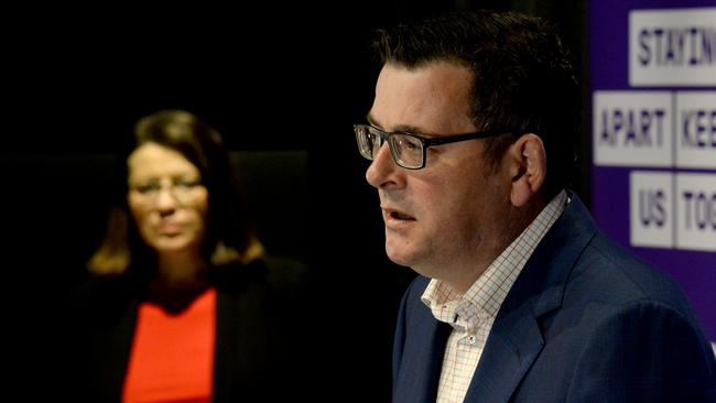 Victorian Premier Daniel Andrews and Health Minister Jenny Mikakos at a daily media conference. Picture: Andrew Henshaw