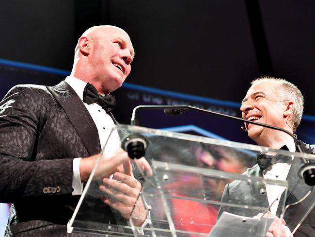 2017 AFL Hall of Fame inductee Barry Hall speaks to Gerard Whateley at the event at Adelaide Oval. picture: Bianca De Marchi